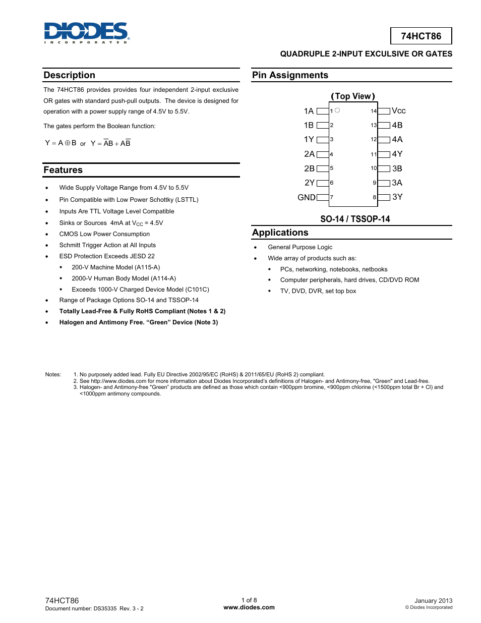 Diodes 74HCT86 User Manual | 8 pages