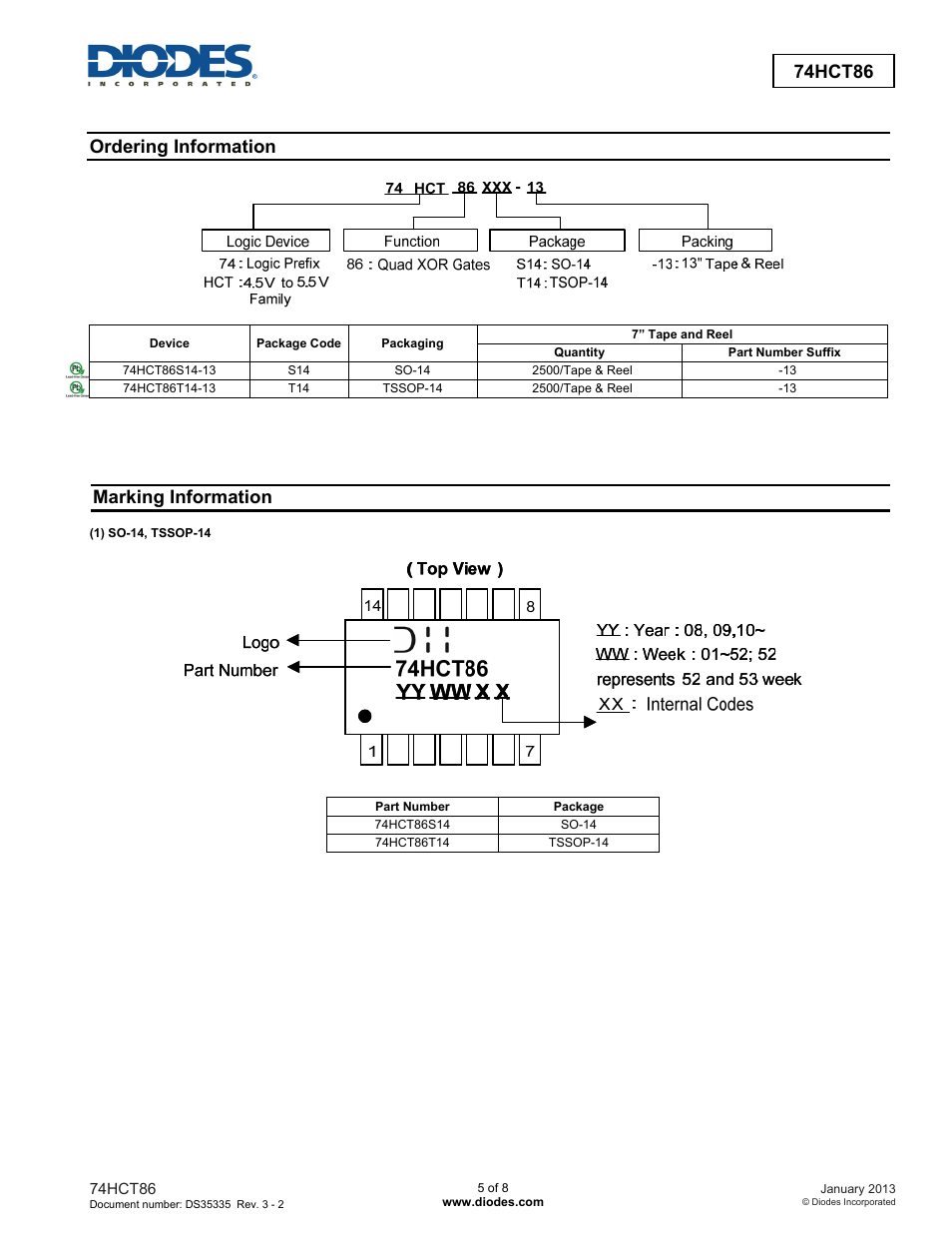 74hct86, Ordering information, Marking information | Diodes 74HCT86 User Manual | Page 5 / 8