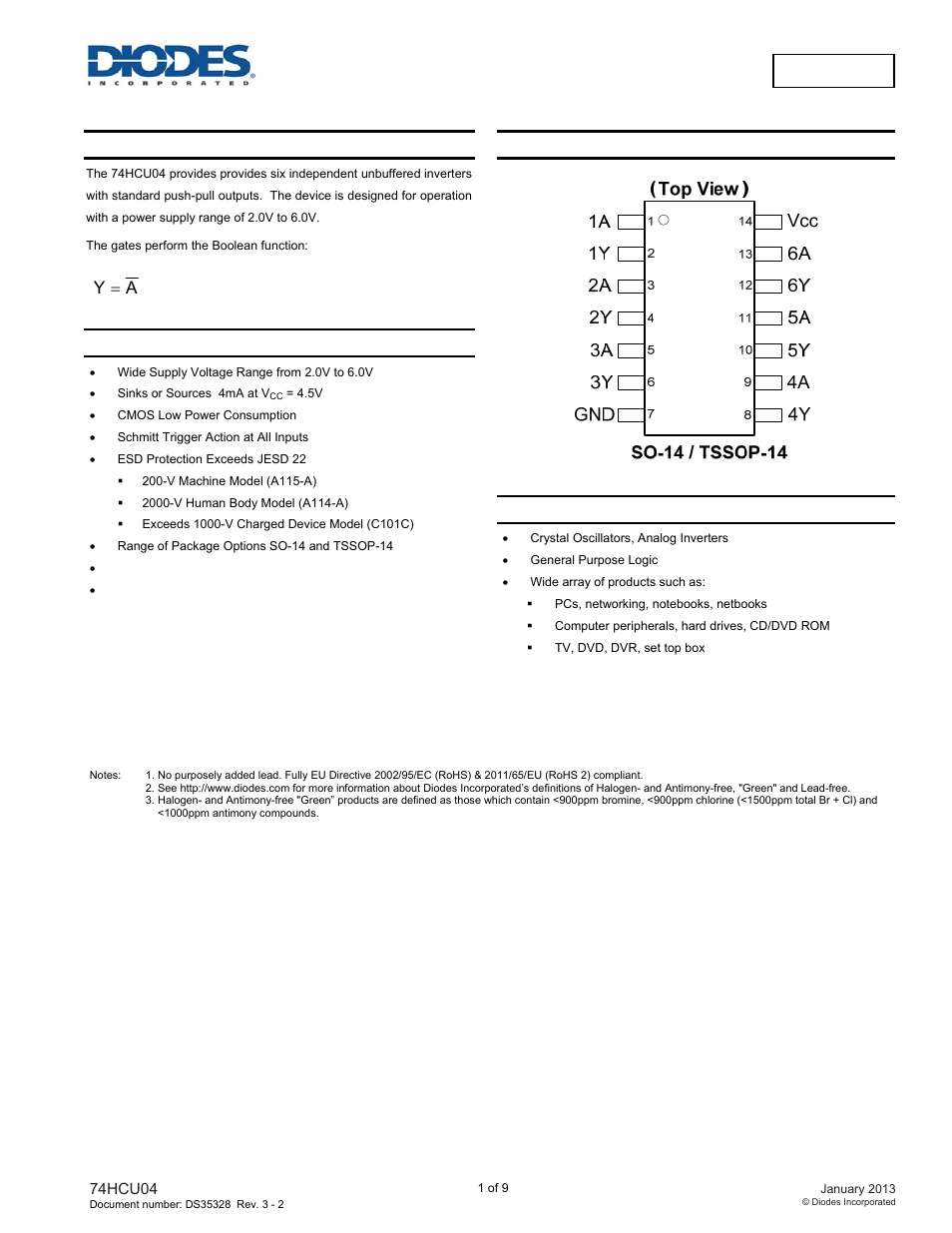 Diodes 74HCU04 User Manual | 9 pages