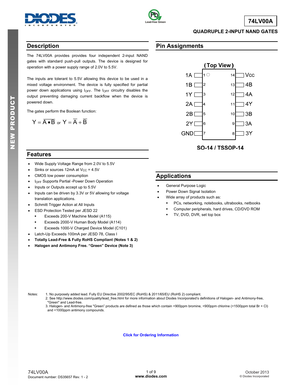 Diodes 74LV00A User Manual | 9 pages