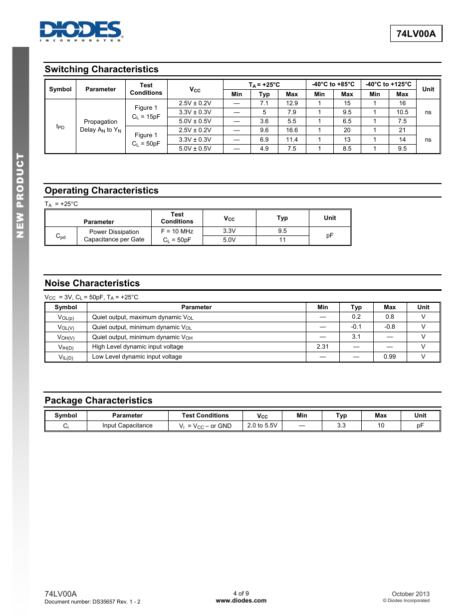 74lv00a new prod uc t, Switching characteristics, Operating characteristics | Noise characteristics, Package characteristics | Diodes 74LV00A User Manual | Page 4 / 9