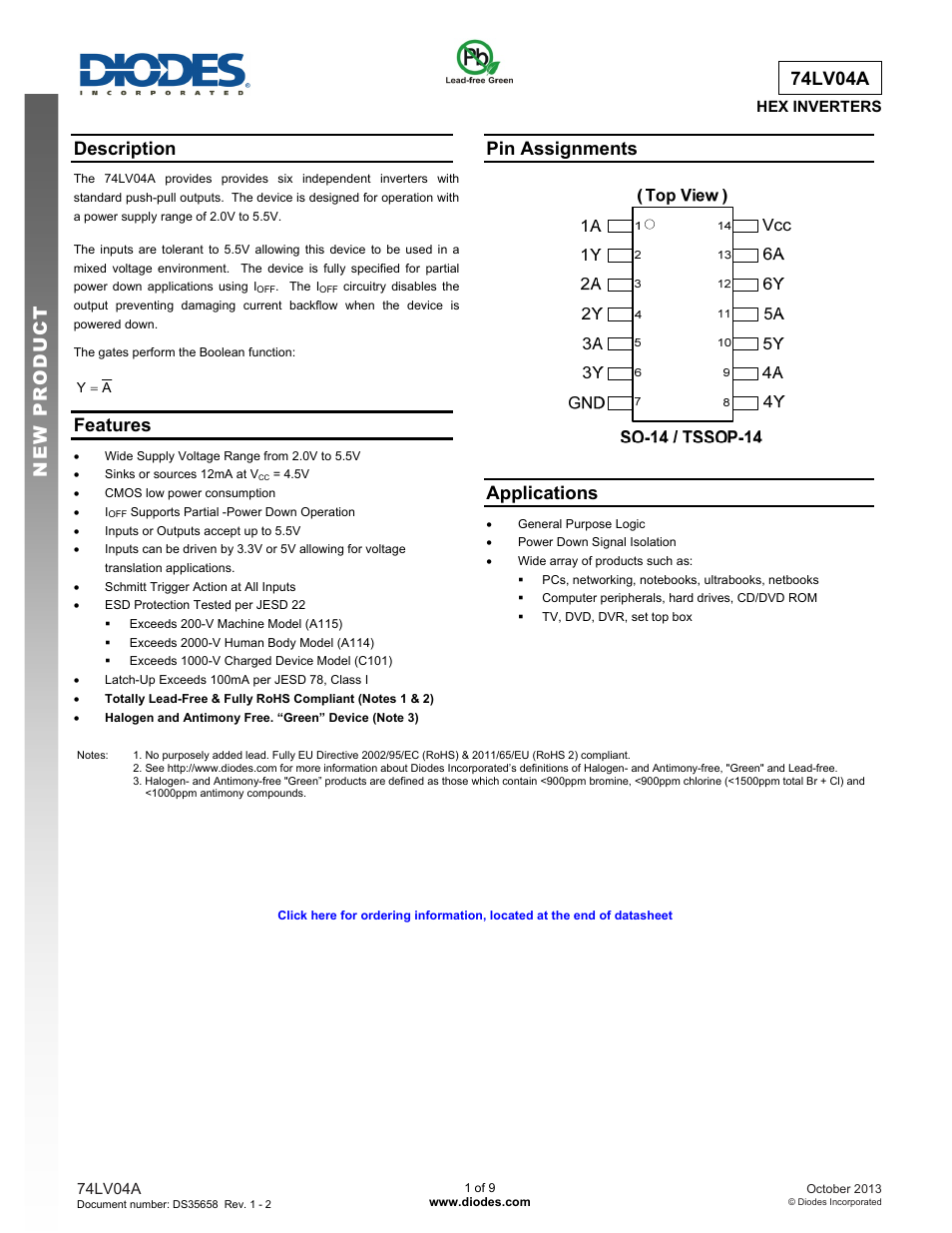 Diodes 74LV04A User Manual | 9 pages
