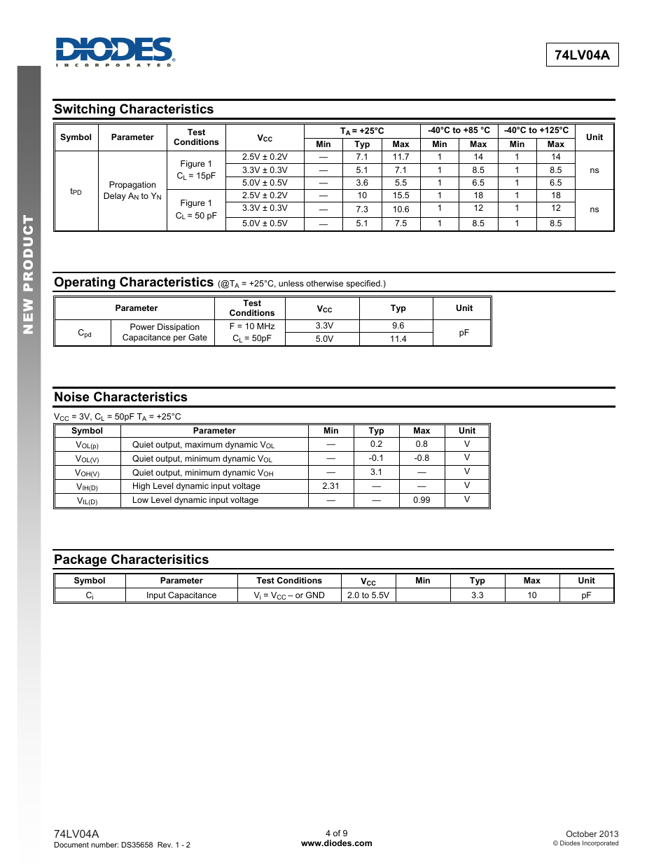 74lv04a new prod uc t, Switching characteristics, Operating characteristics | Noise characteristics, Package characterisitics | Diodes 74LV04A User Manual | Page 4 / 9