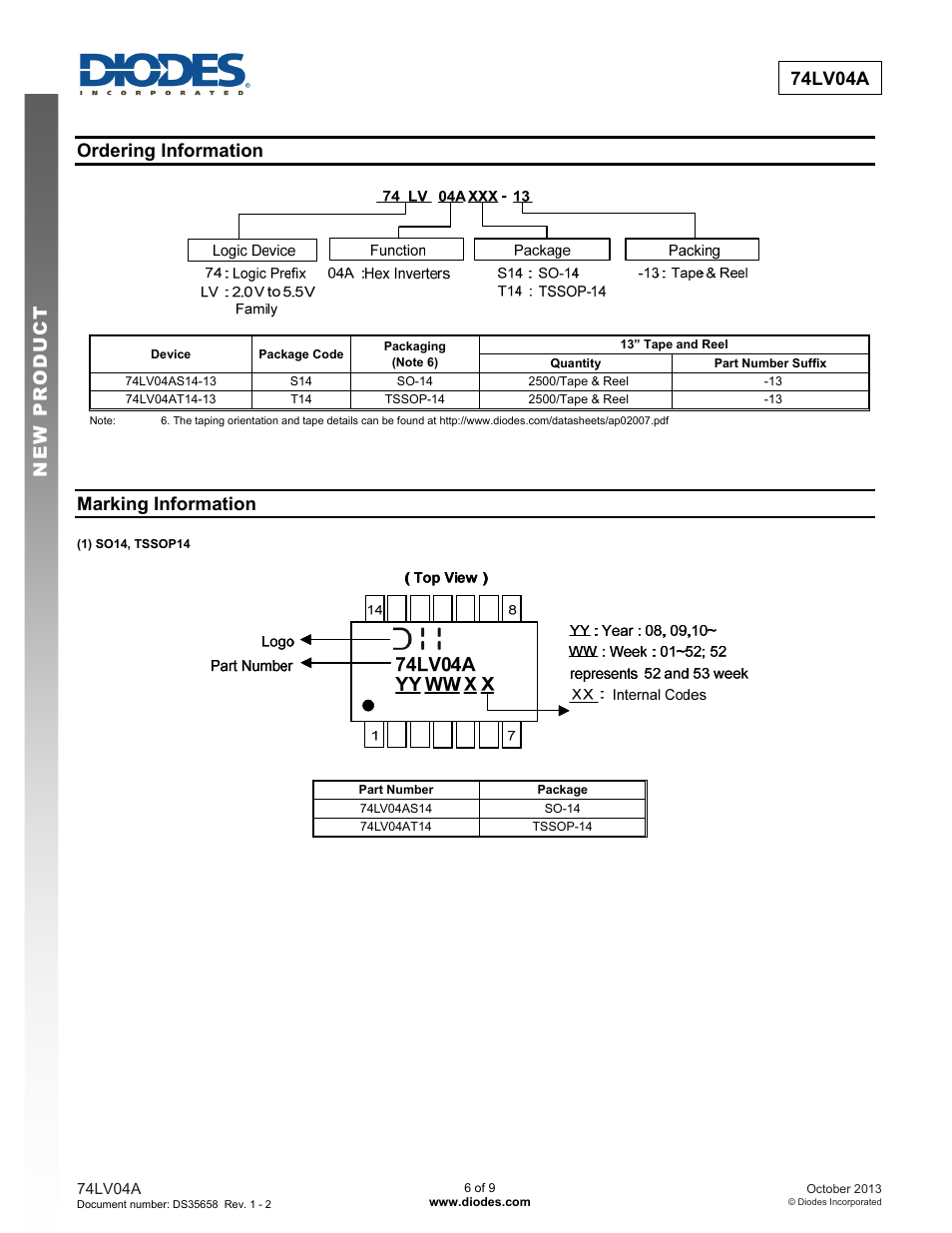 74lv04a new prod uc t, Ordering information, Marking information | Diodes 74LV04A User Manual | Page 6 / 9