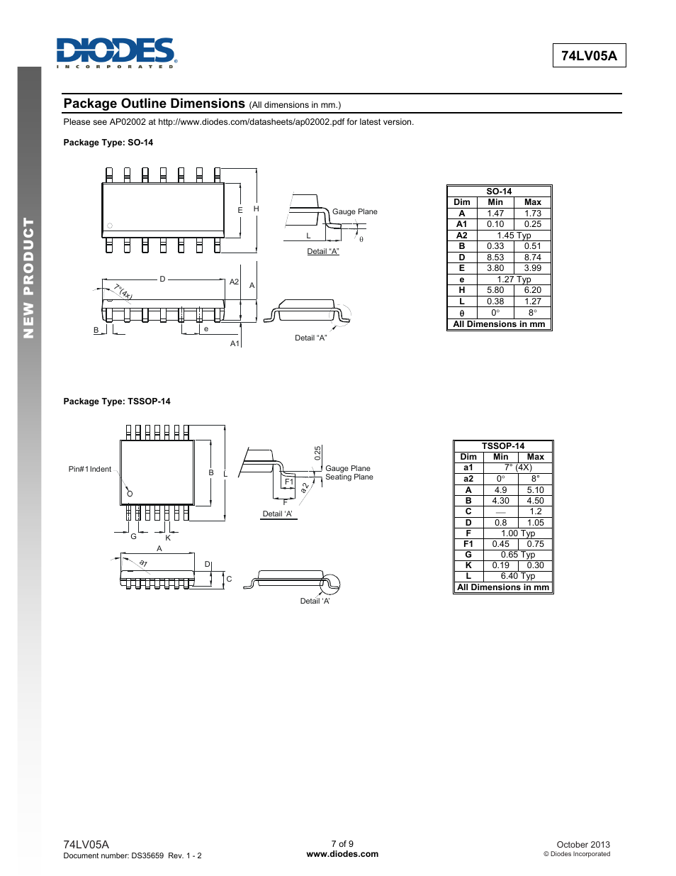 Preliminary 74lv05a new prod uc t, Package outline dimensions | Diodes 74LV05A User Manual | Page 7 / 9