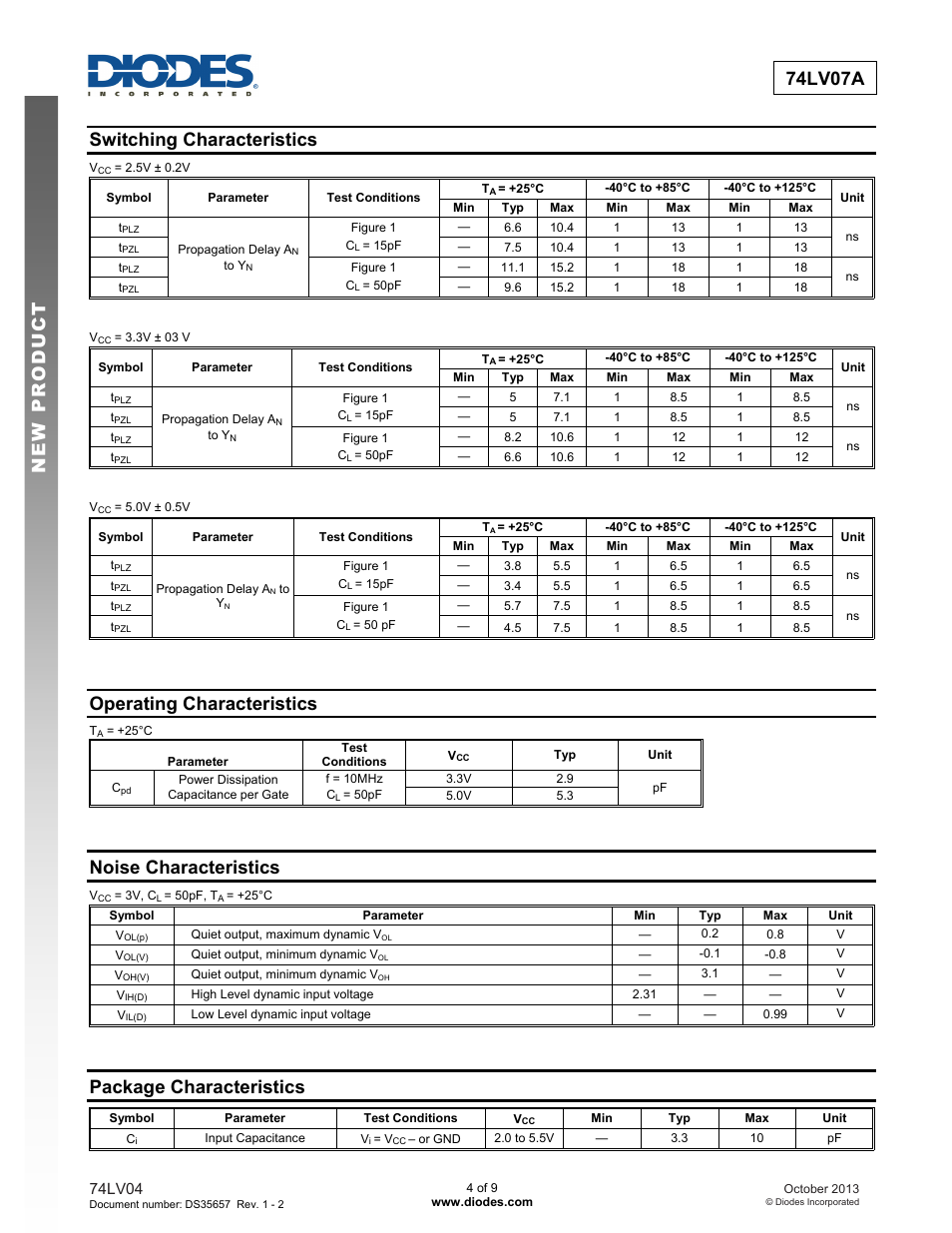 New prod uc t 74lv07a, Switching characteristics, Operating characteristics | Noise characteristics, Package characteristics | Diodes 74LV07A User Manual | Page 4 / 9