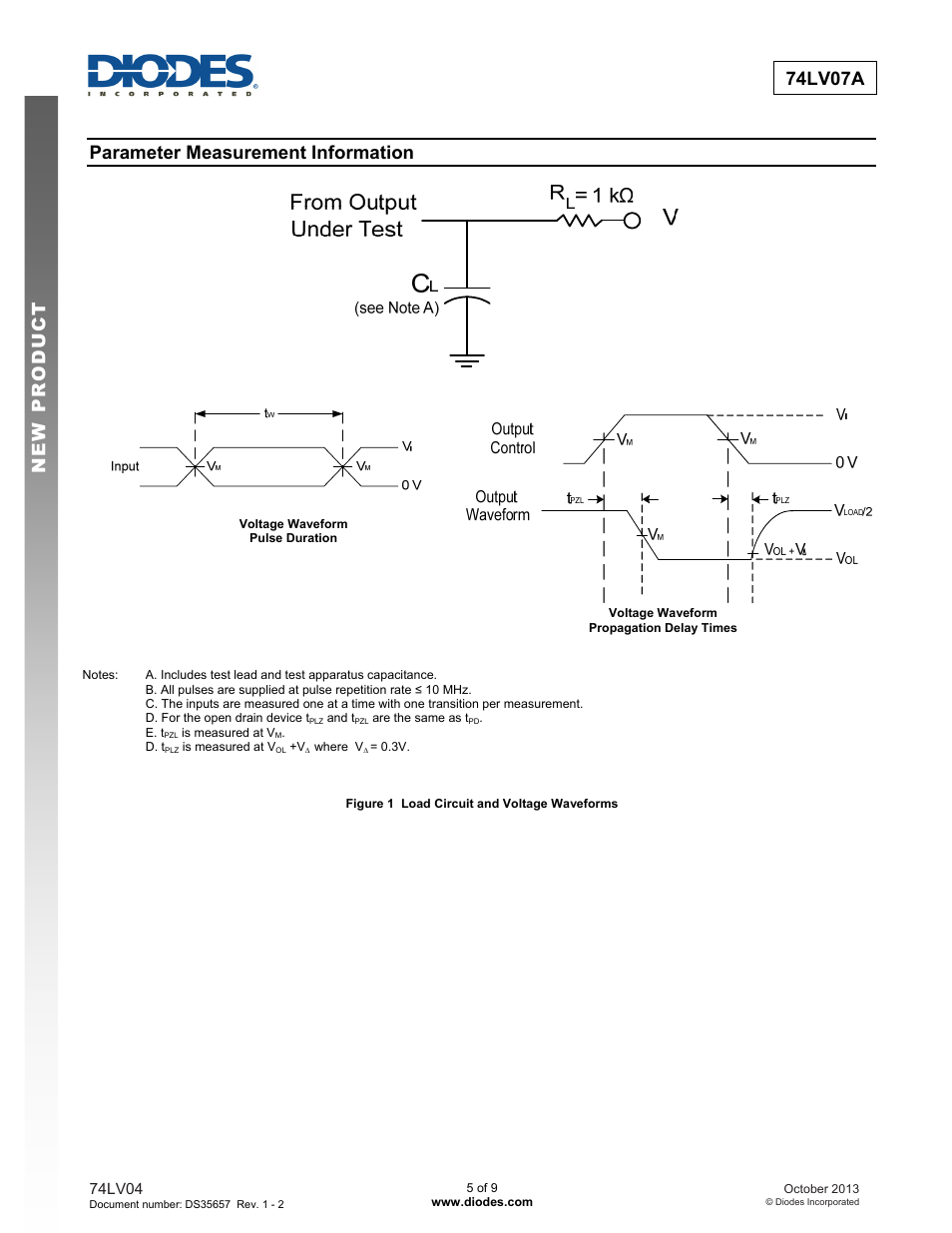 New prod uc t 74lv07a, Parameter measurement information | Diodes 74LV07A User Manual | Page 5 / 9
