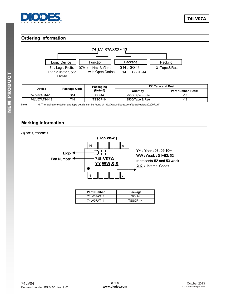 New prod uc t 74lv07a, Ordering information, Marking information | Diodes 74LV07A User Manual | Page 6 / 9