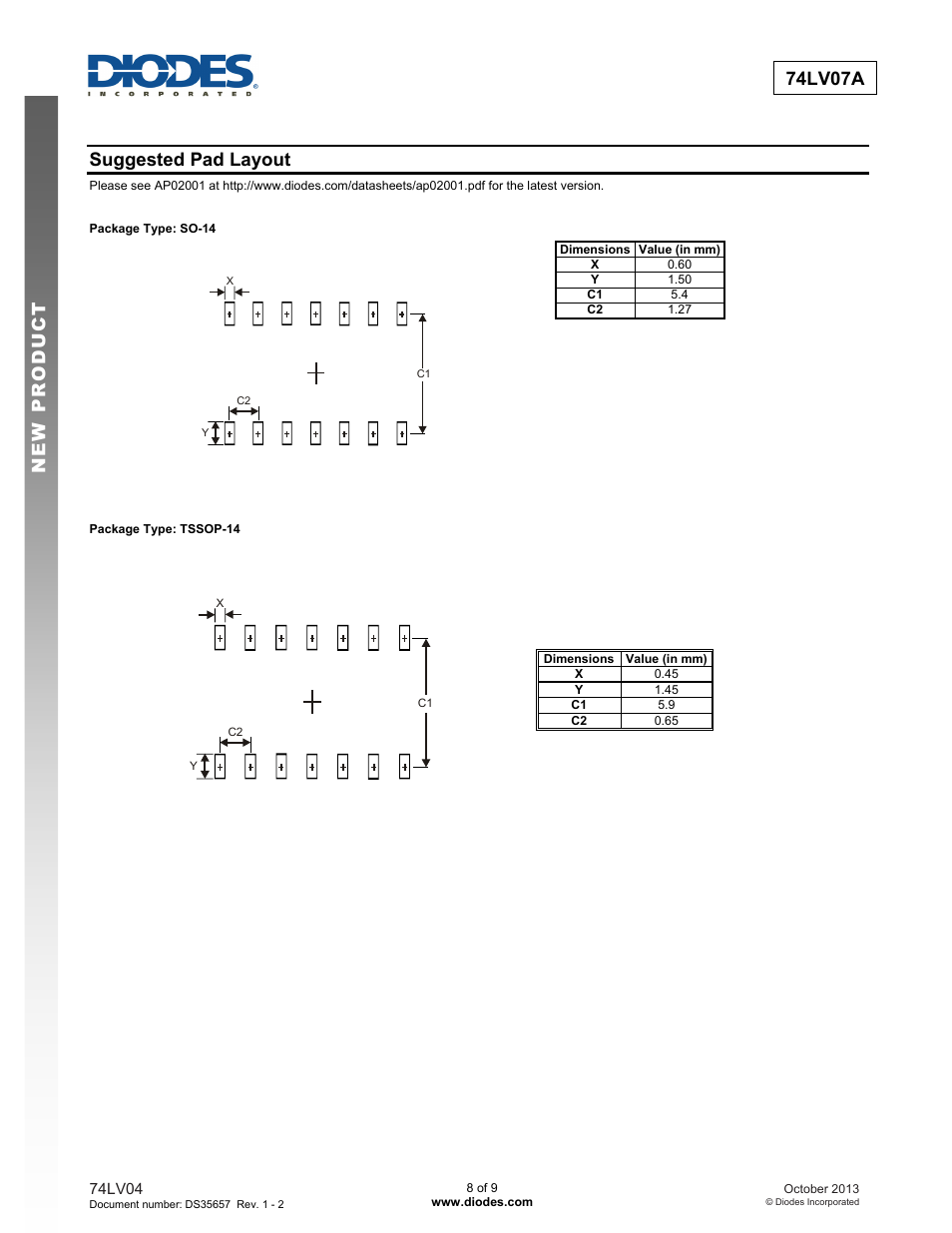 New prod uc t 74lv07a, Suggested pad layout | Diodes 74LV07A User Manual | Page 8 / 9