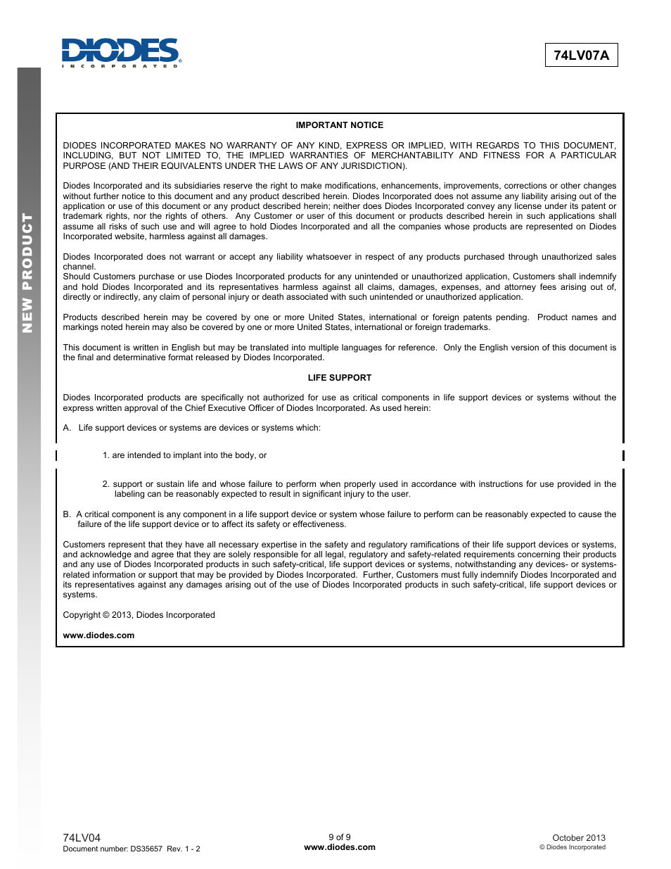 New prod uc t 74lv07a | Diodes 74LV07A User Manual | Page 9 / 9