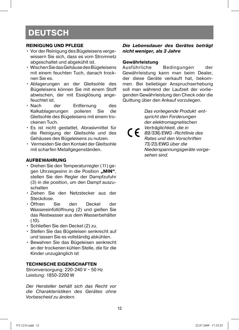 Deutsch | Vitek VT-1235 User Manual | Page 12 / 44
