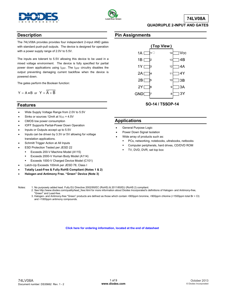 Diodes 74LV08A User Manual | 9 pages