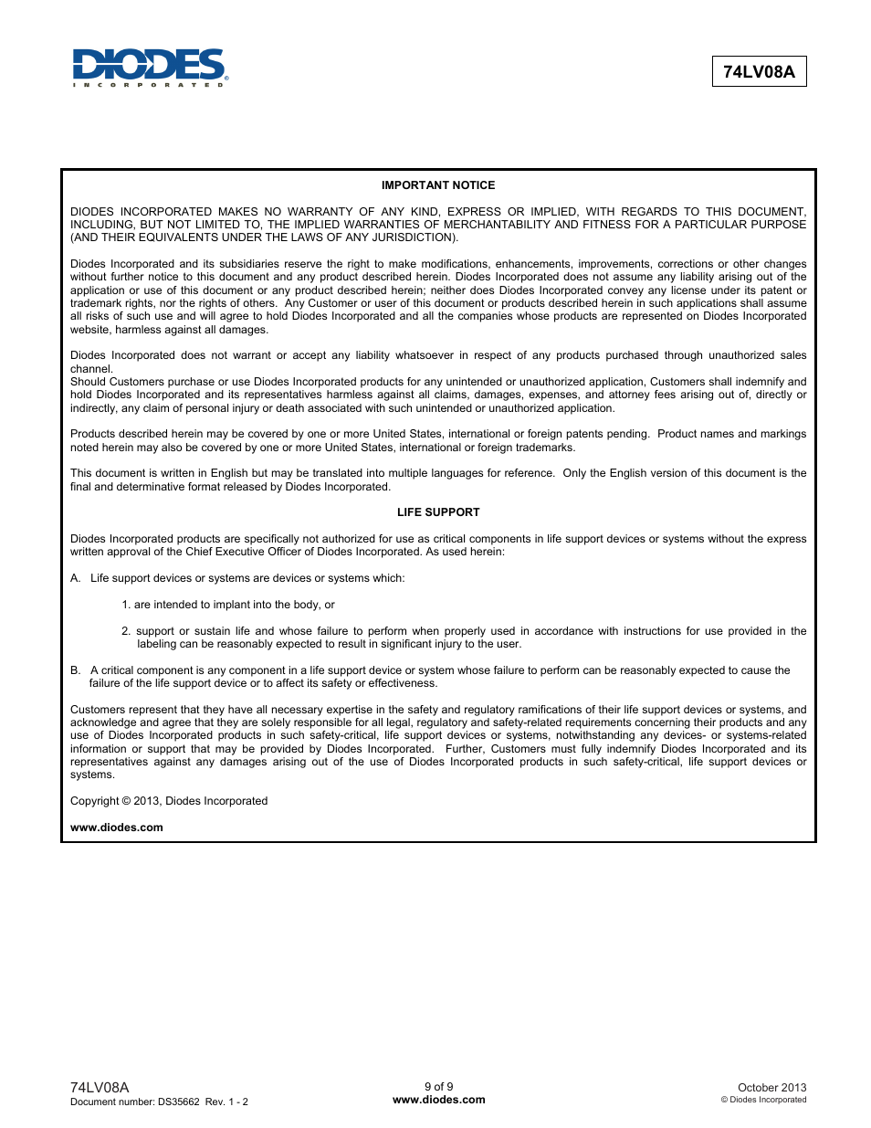 74lv08a | Diodes 74LV08A User Manual | Page 9 / 9