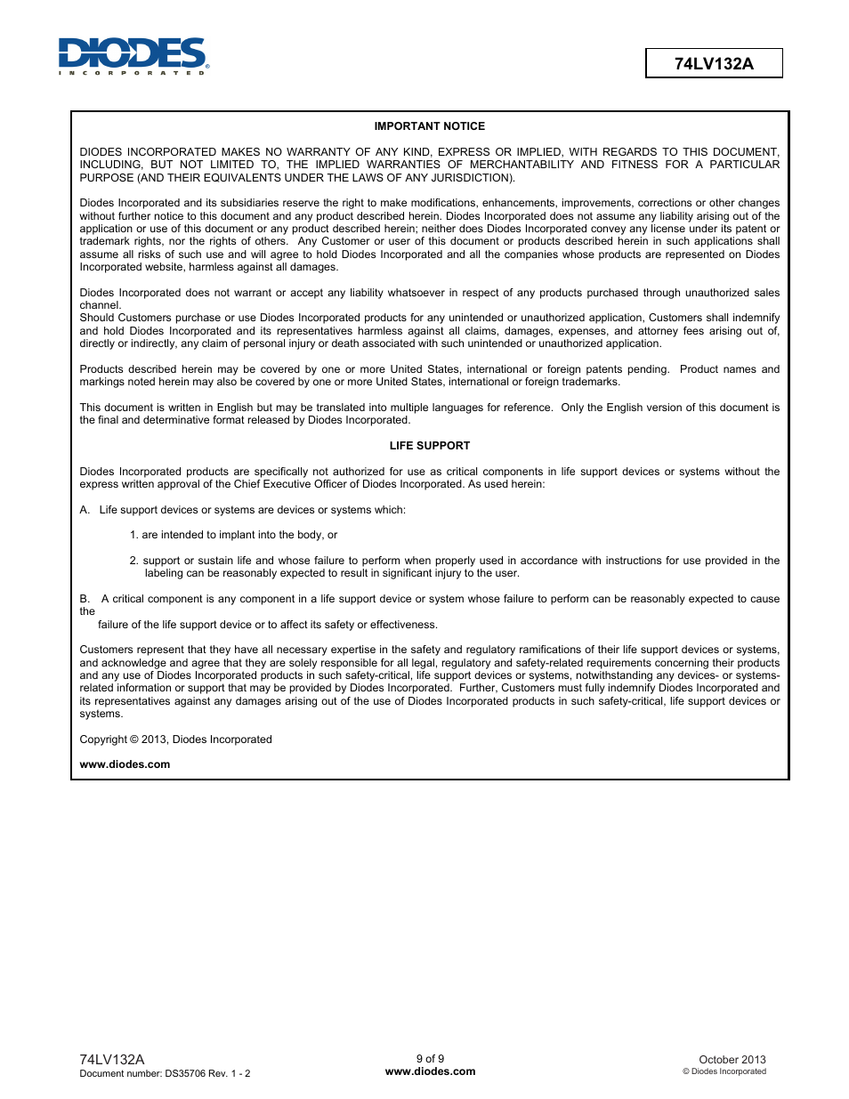 Diodes 74LV132A User Manual | Page 9 / 9