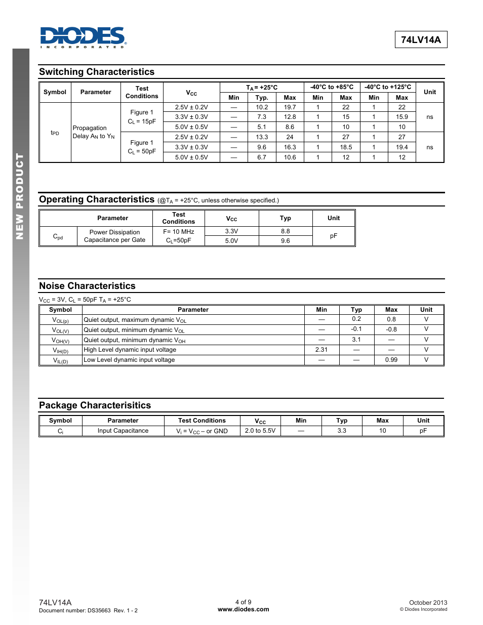 74lv14a new prod uc t, Switching characteristics, Operating characteristics | Noise characteristics, Package characterisitics | Diodes 74LV14A User Manual | Page 4 / 9