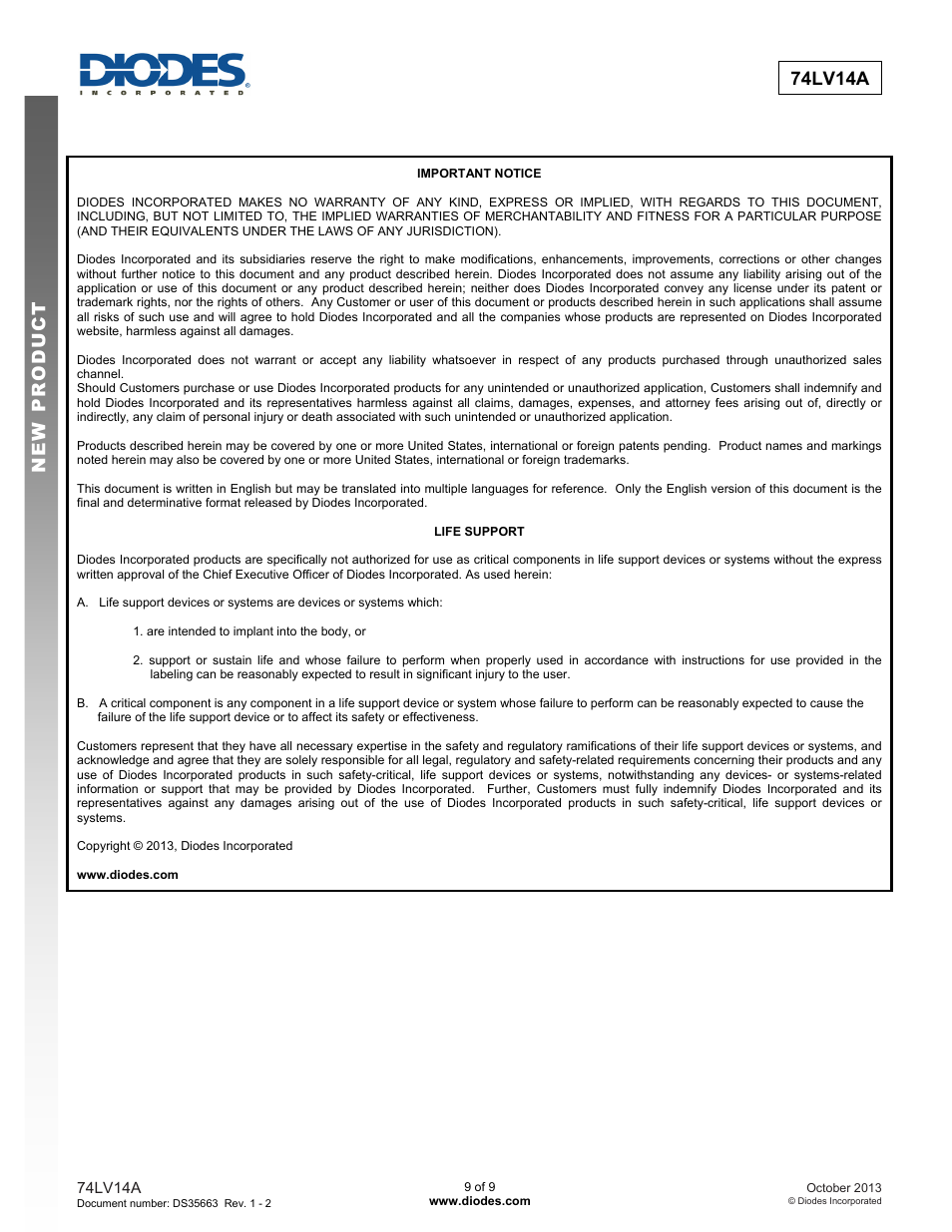 74lv14a new prod uc t | Diodes 74LV14A User Manual | Page 9 / 9