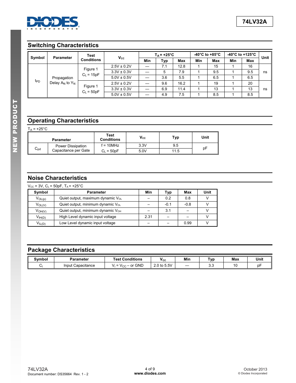 Preliminary 74lv32a new prod uc t, Switching characteristics, Operating characteristics | Noise characteristics, Package characteristics | Diodes 74LV32A User Manual | Page 4 / 9