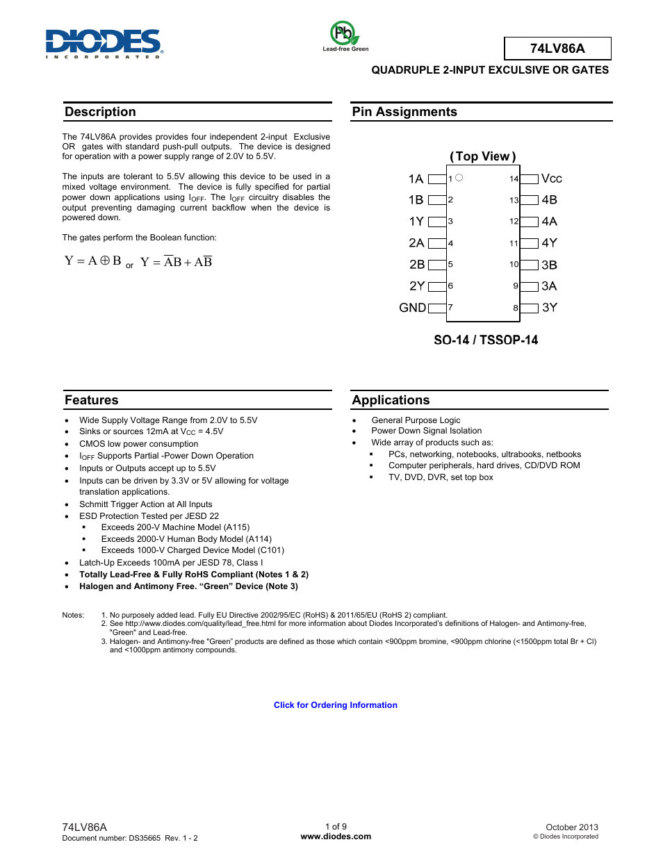 Diodes 74LV86A User Manual | 9 pages