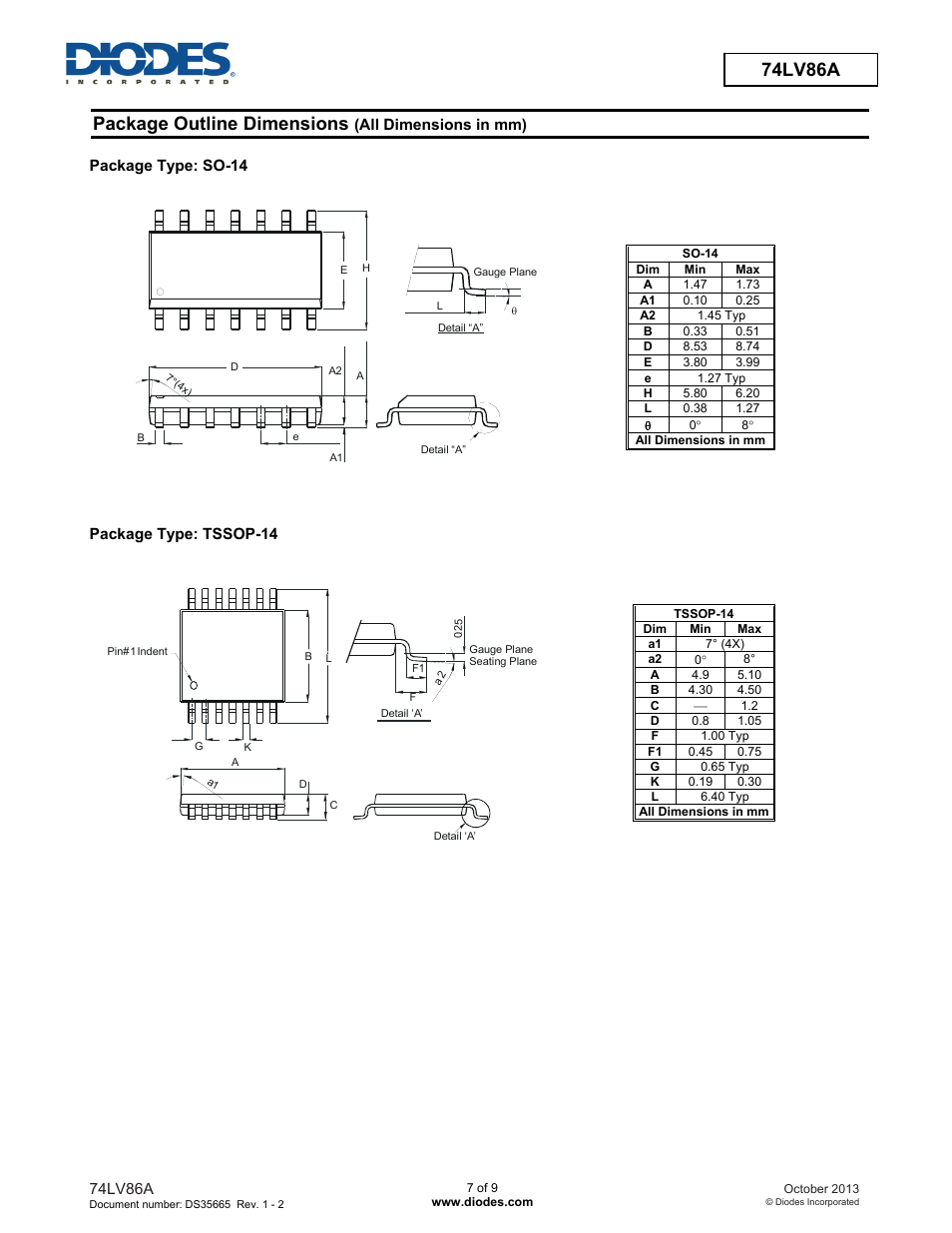 Preliminary 74lv86a package outline dimensions | Diodes 74LV86A User Manual | Page 7 / 9