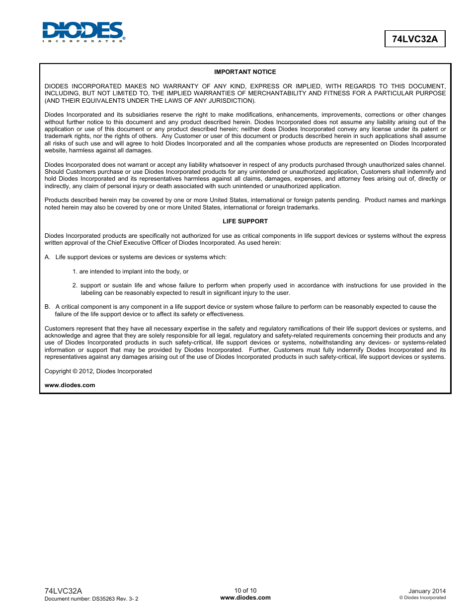 74lvc32a | Diodes 74LVC32A User Manual | Page 10 / 10