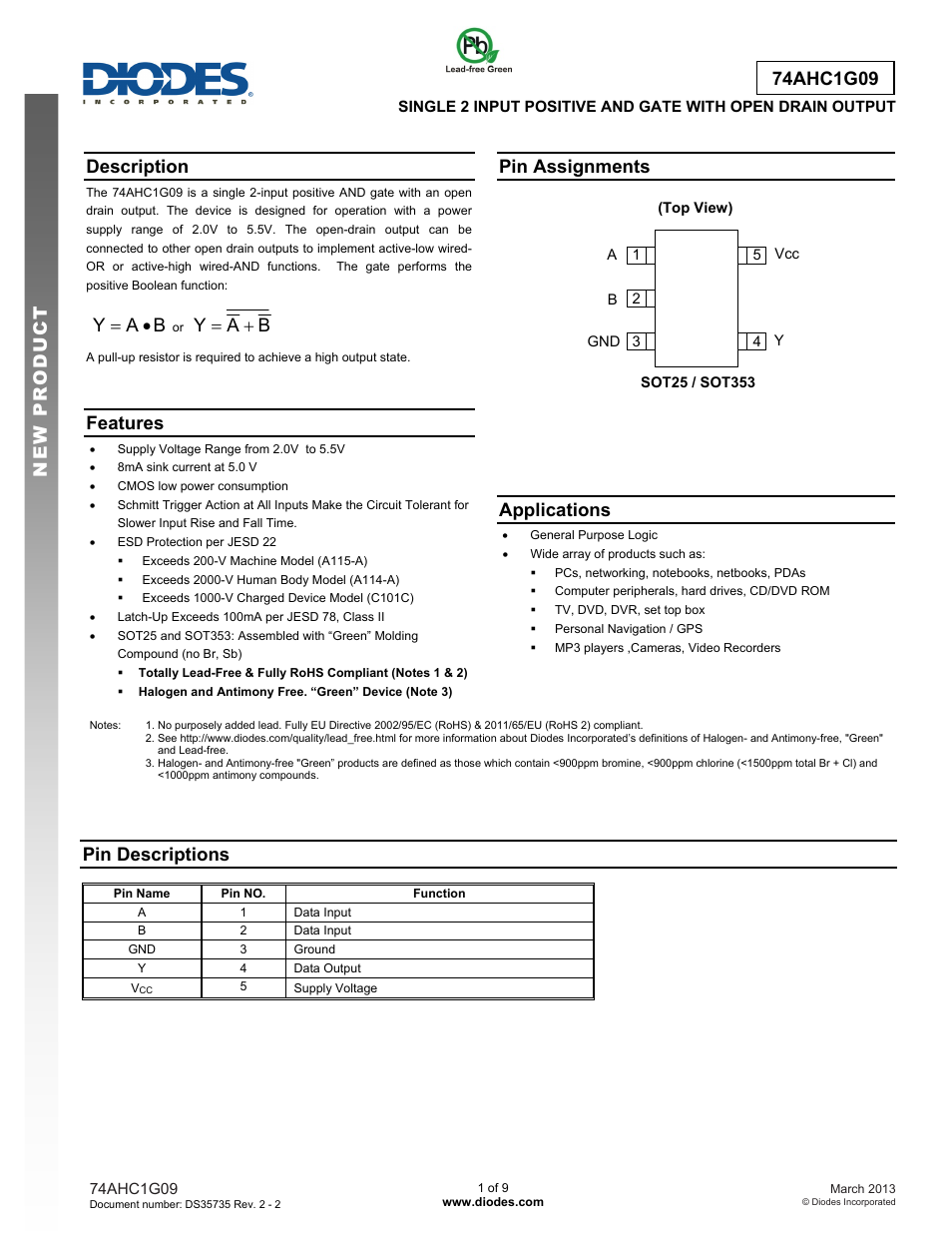 Diodes 74AHC1G09 User Manual | 9 pages