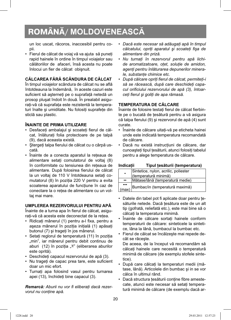 Română/ moldovenească | Vitek VT-1228 User Manual | Page 20 / 40