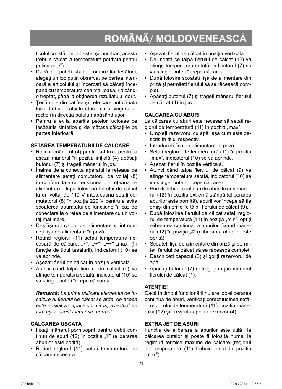 Română/ moldovenească | Vitek VT-1228 User Manual | Page 21 / 40