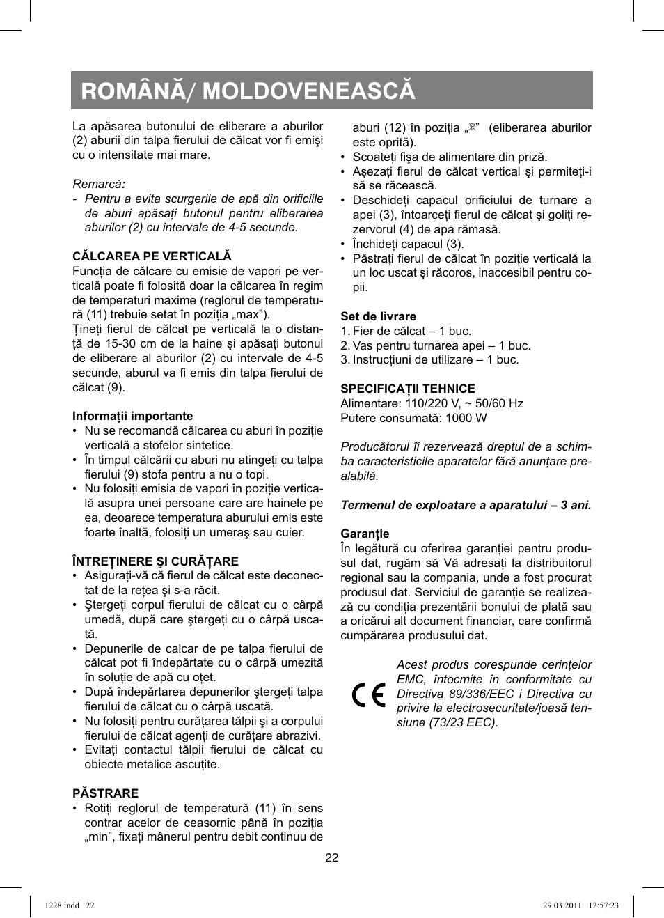 Română/ moldovenească | Vitek VT-1228 User Manual | Page 22 / 40