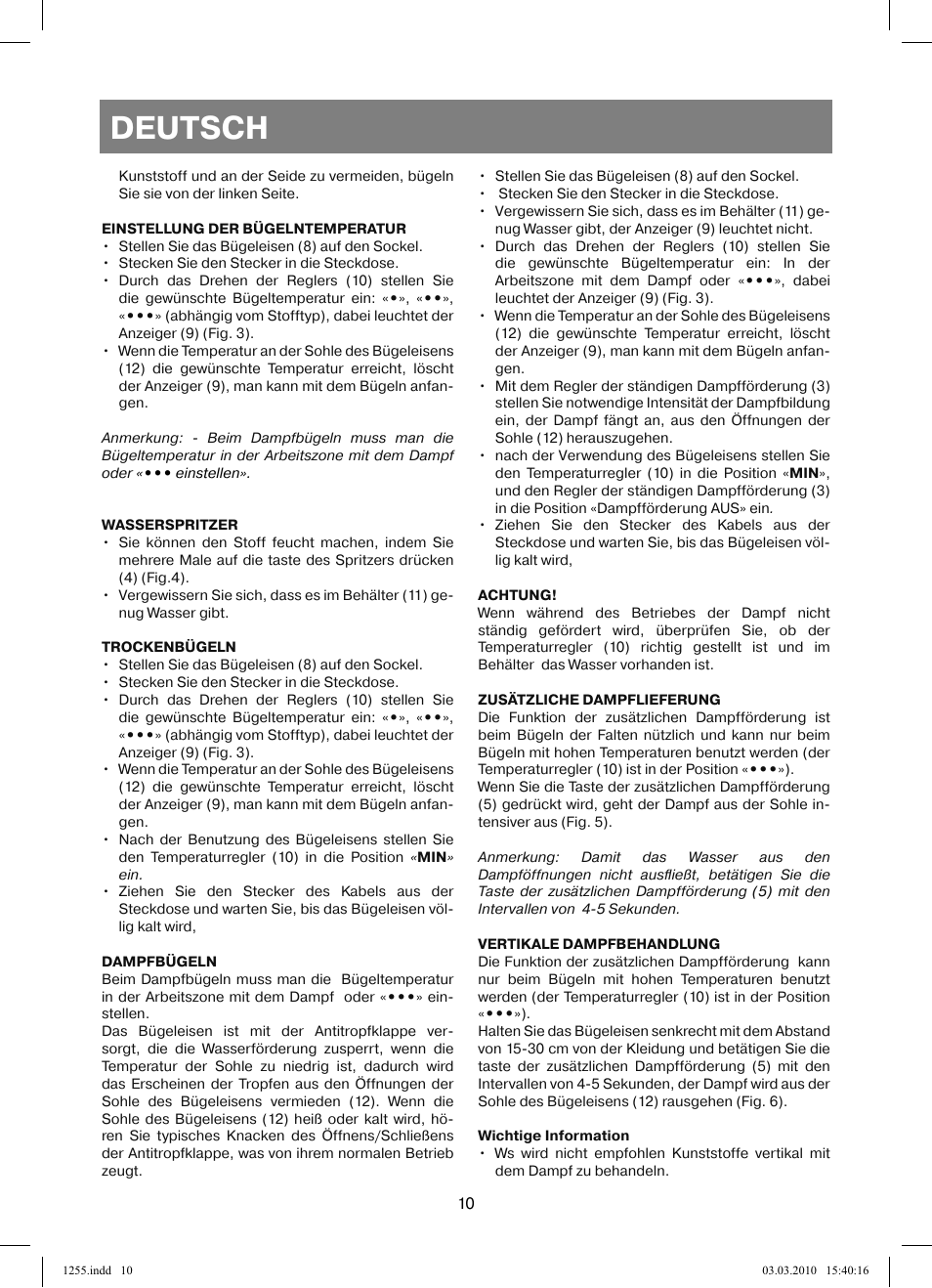 Deutsch | Vitek VT-1255 User Manual | Page 10 / 40