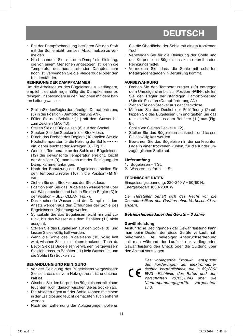 Deutsch | Vitek VT-1255 User Manual | Page 11 / 40