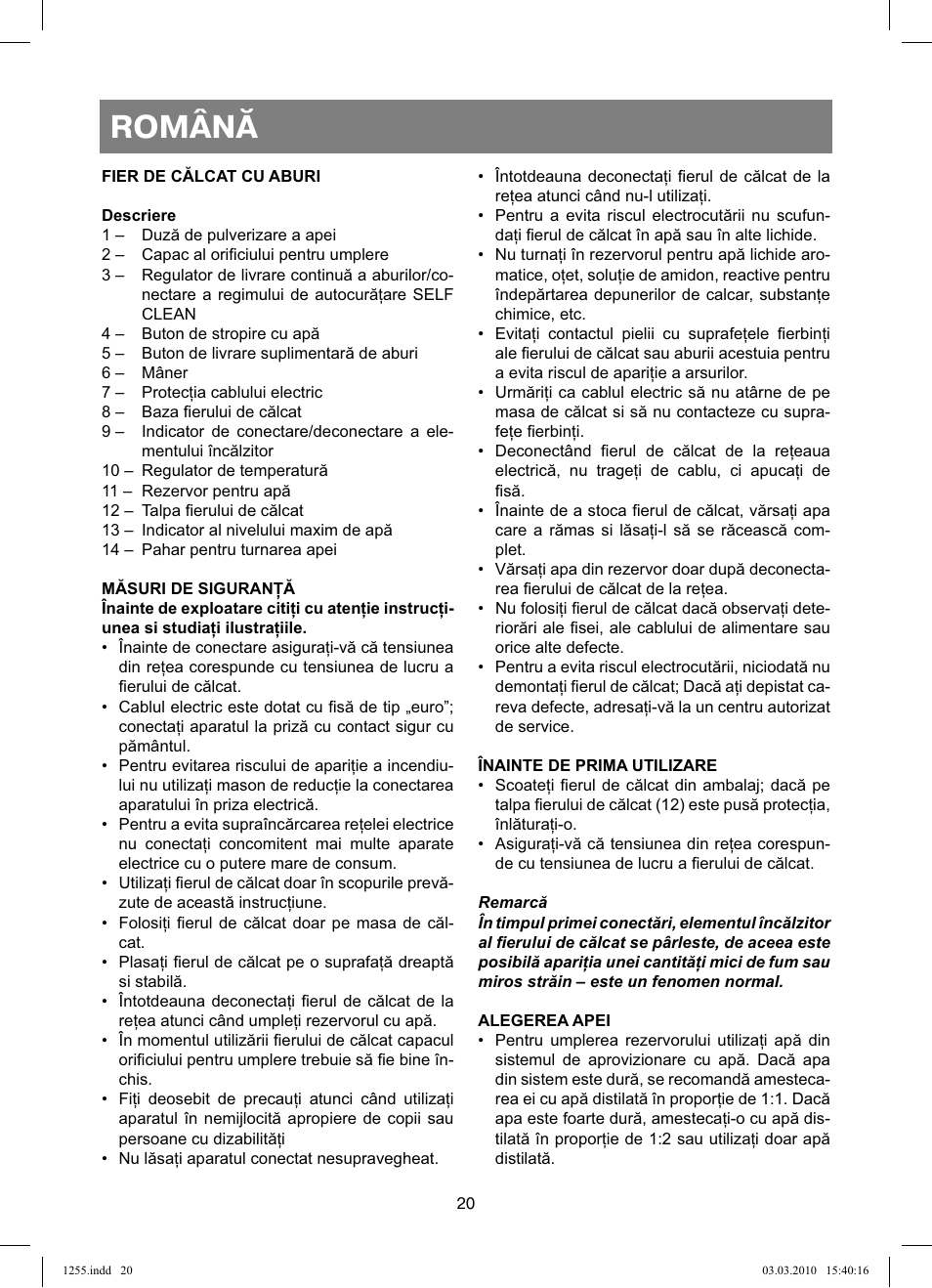 Română | Vitek VT-1255 User Manual | Page 20 / 40