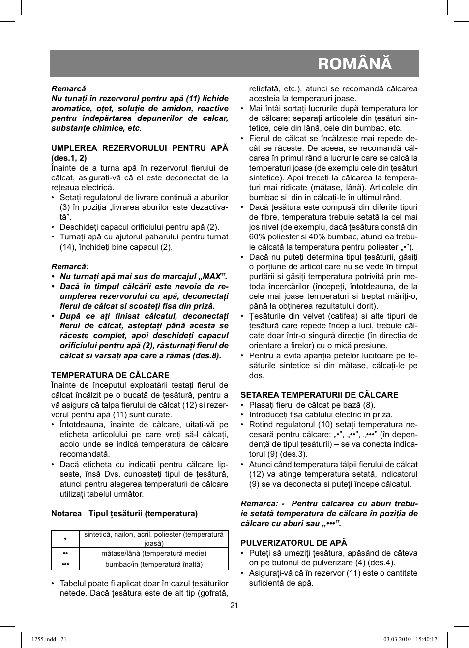 Română | Vitek VT-1255 User Manual | Page 21 / 40