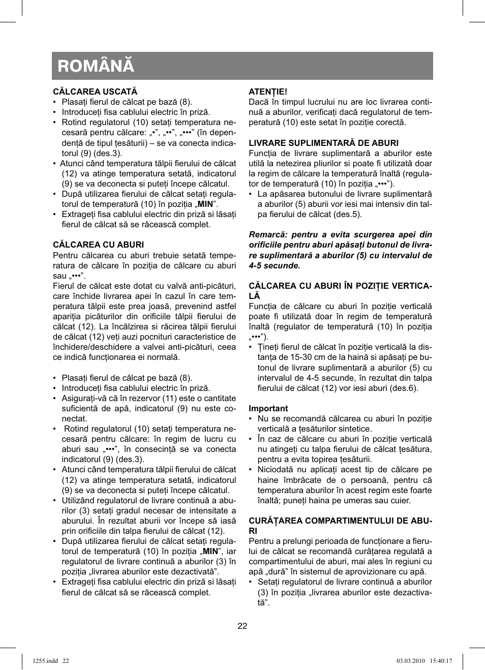 Română | Vitek VT-1255 User Manual | Page 22 / 40