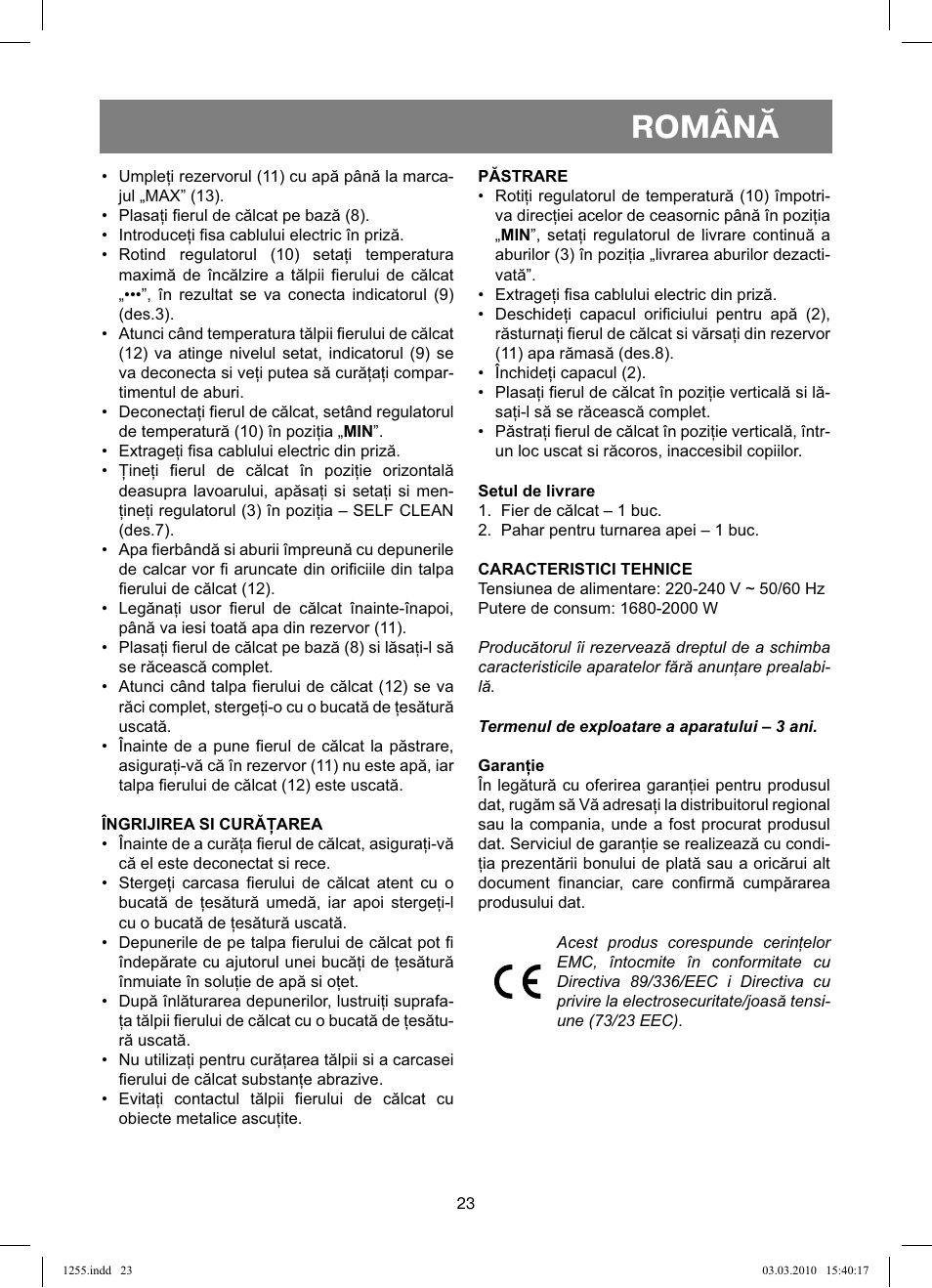 Română | Vitek VT-1255 User Manual | Page 23 / 40