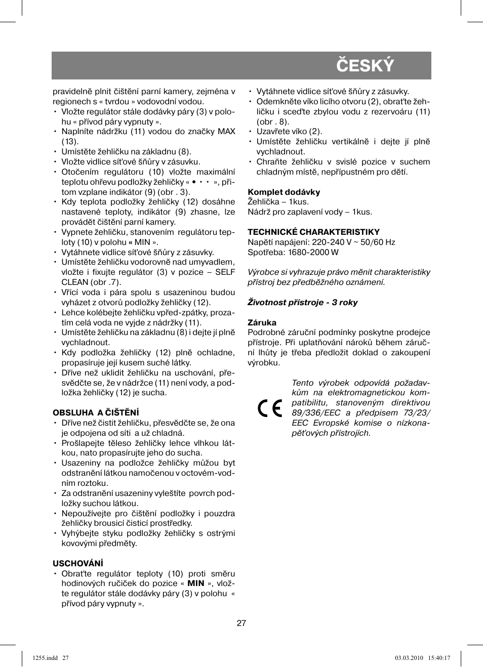 Český | Vitek VT-1255 User Manual | Page 27 / 40