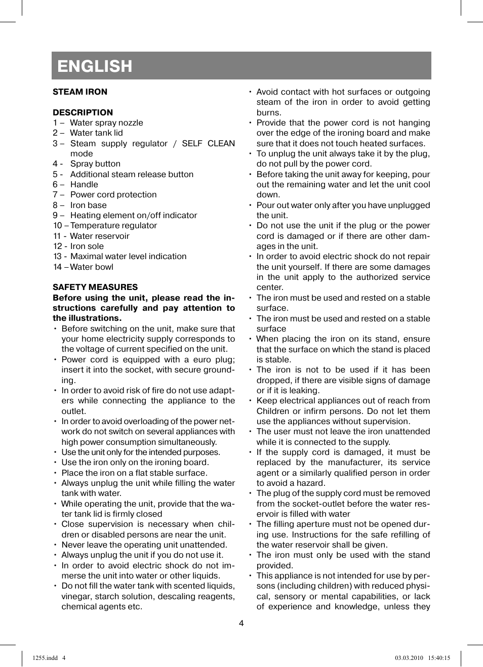 English | Vitek VT-1255 User Manual | Page 4 / 40