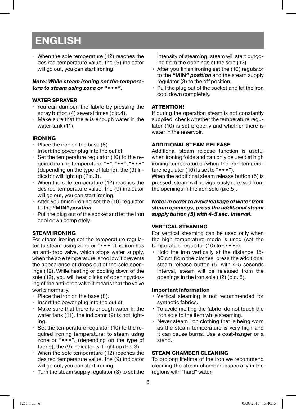 English | Vitek VT-1255 User Manual | Page 6 / 40