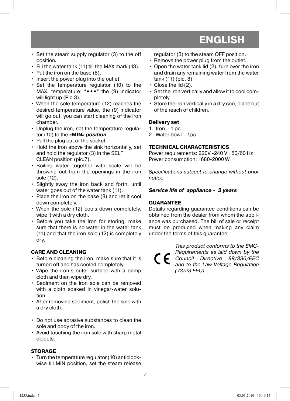 English | Vitek VT-1255 User Manual | Page 7 / 40