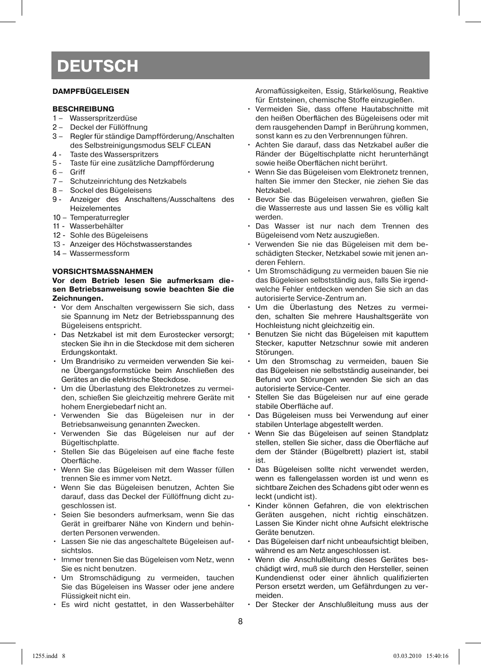 Deutsch | Vitek VT-1255 User Manual | Page 8 / 40