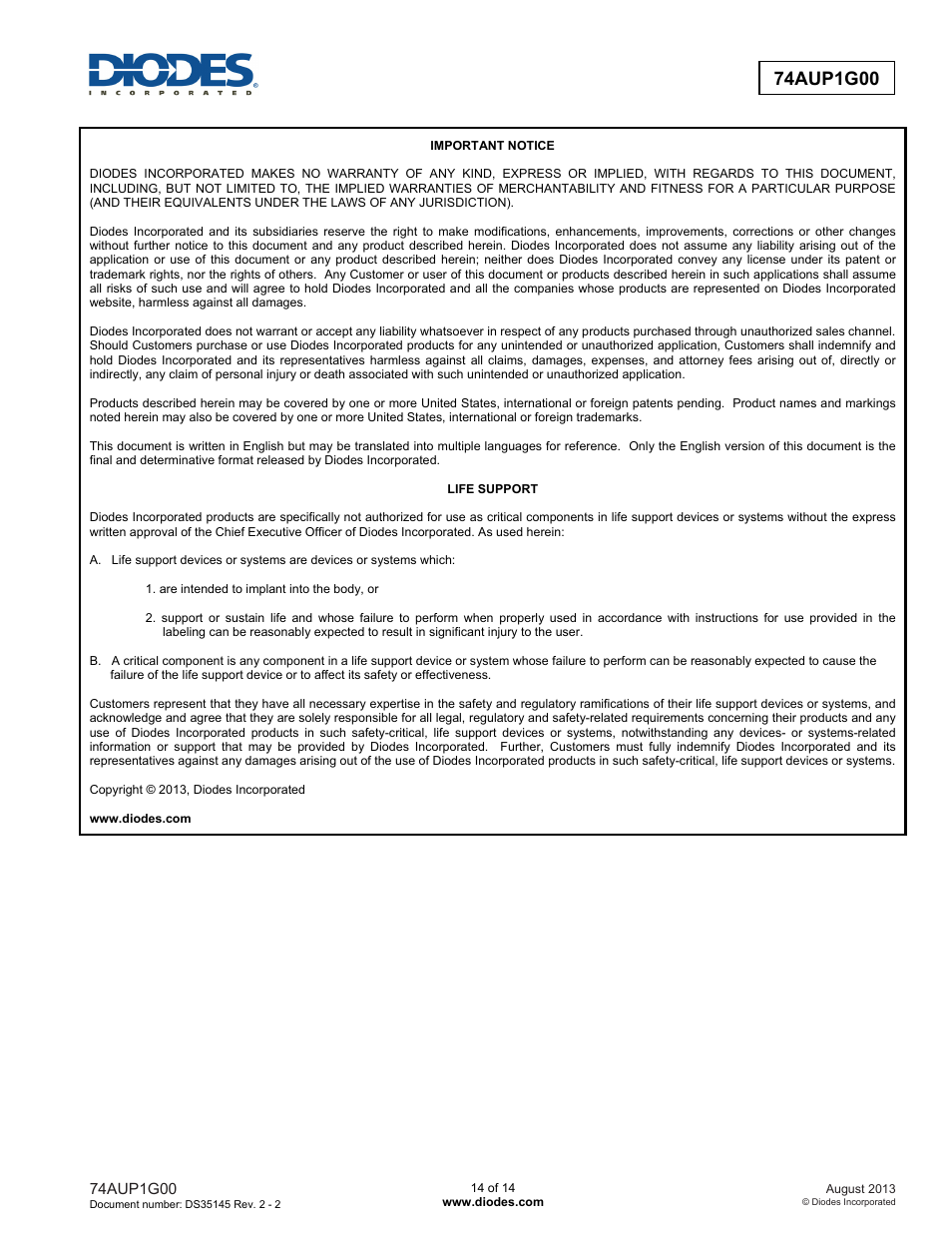 Diodes 74AUP1G00 User Manual | Page 14 / 14