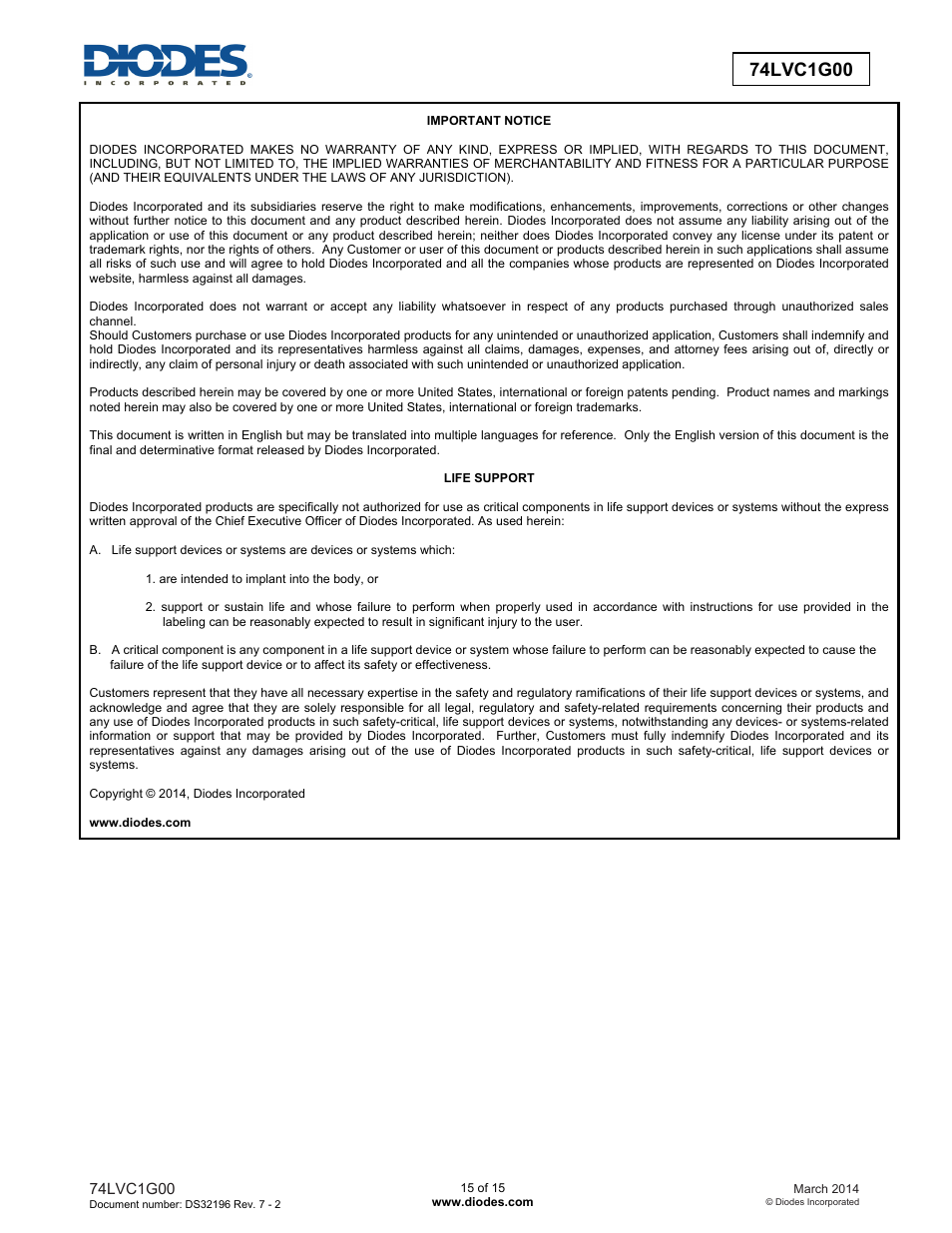 Diodes 74LVC1G00 User Manual | Page 15 / 15