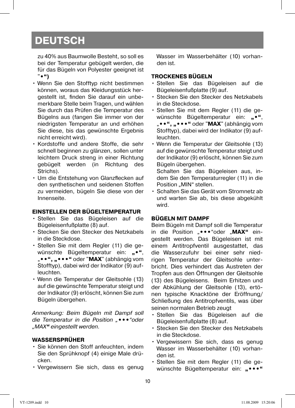 Deutsch | Vitek VT-1209 User Manual | Page 10 / 44