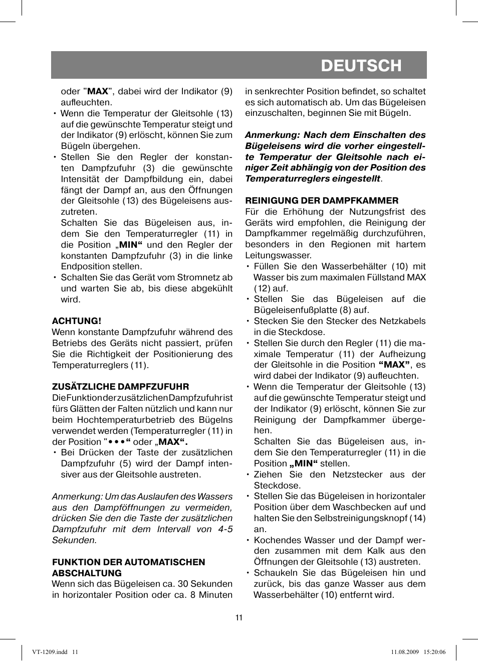 Deutsch | Vitek VT-1209 User Manual | Page 11 / 44