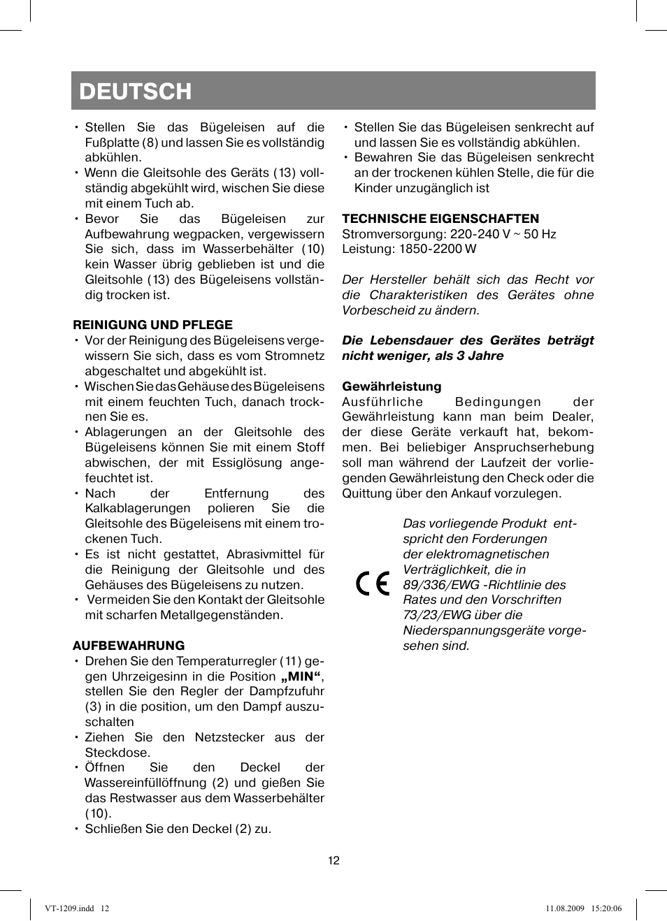 Deutsch | Vitek VT-1209 User Manual | Page 12 / 44