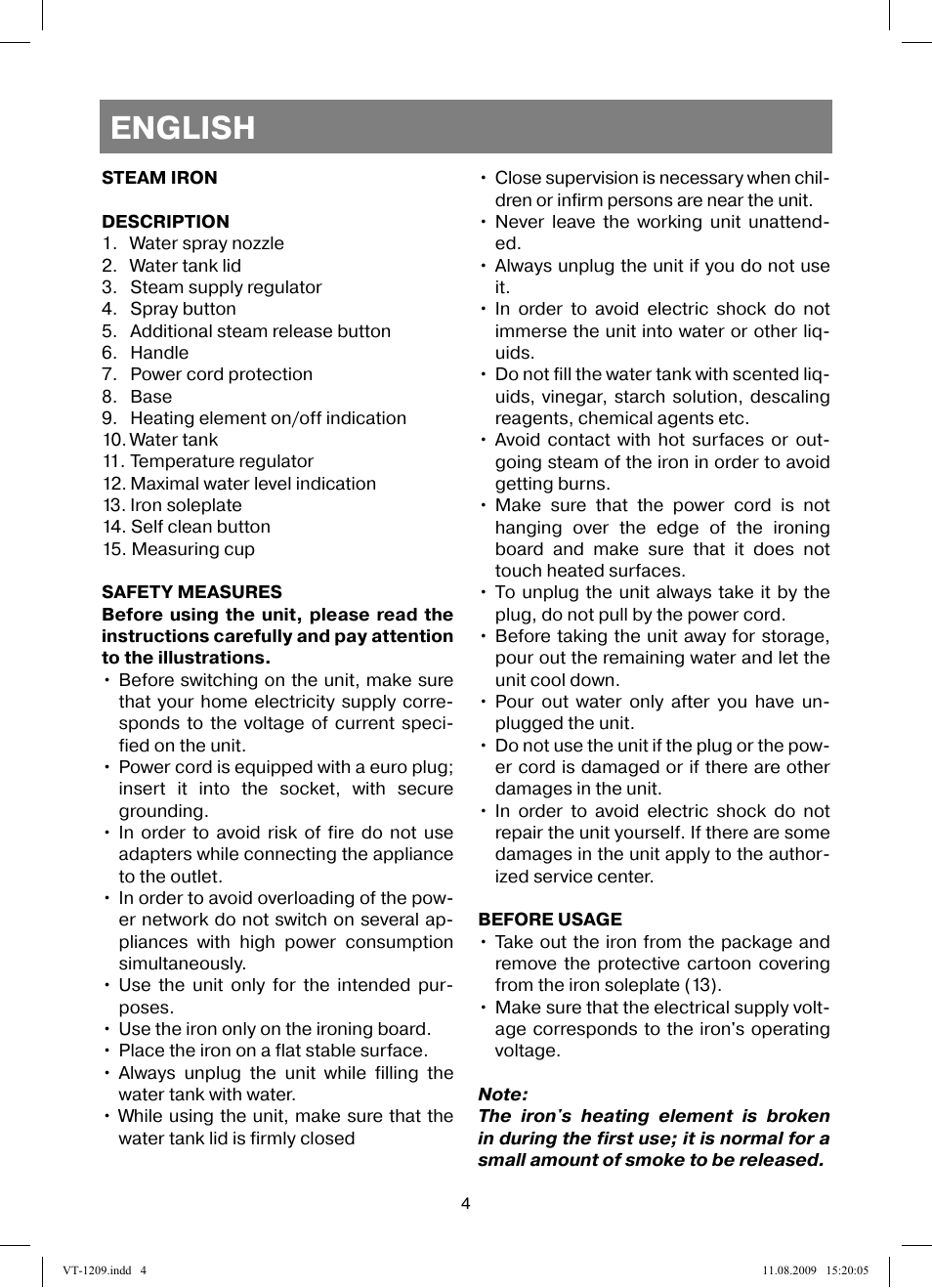English | Vitek VT-1209 User Manual | Page 4 / 44