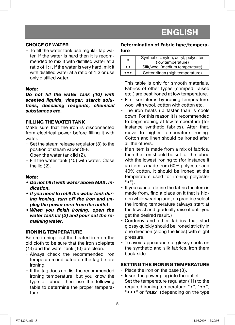 English | Vitek VT-1209 User Manual | Page 5 / 44