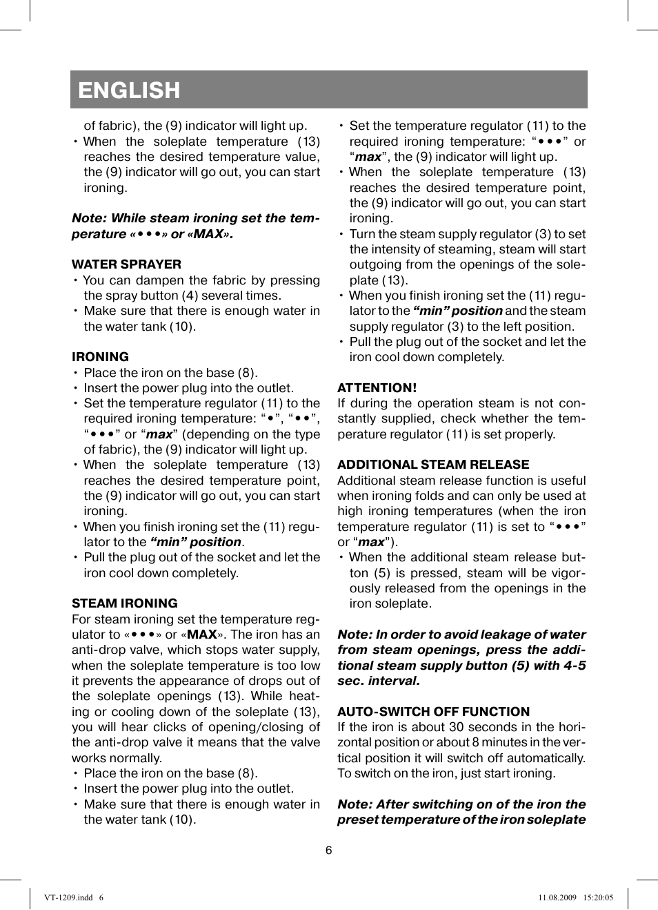 English | Vitek VT-1209 User Manual | Page 6 / 44