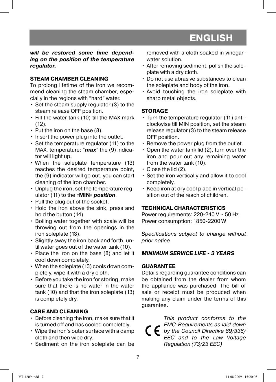 English | Vitek VT-1209 User Manual | Page 7 / 44