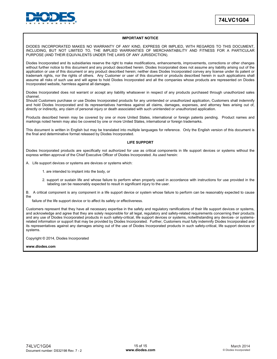 Diodes 74LVC1G04 User Manual | Page 15 / 15