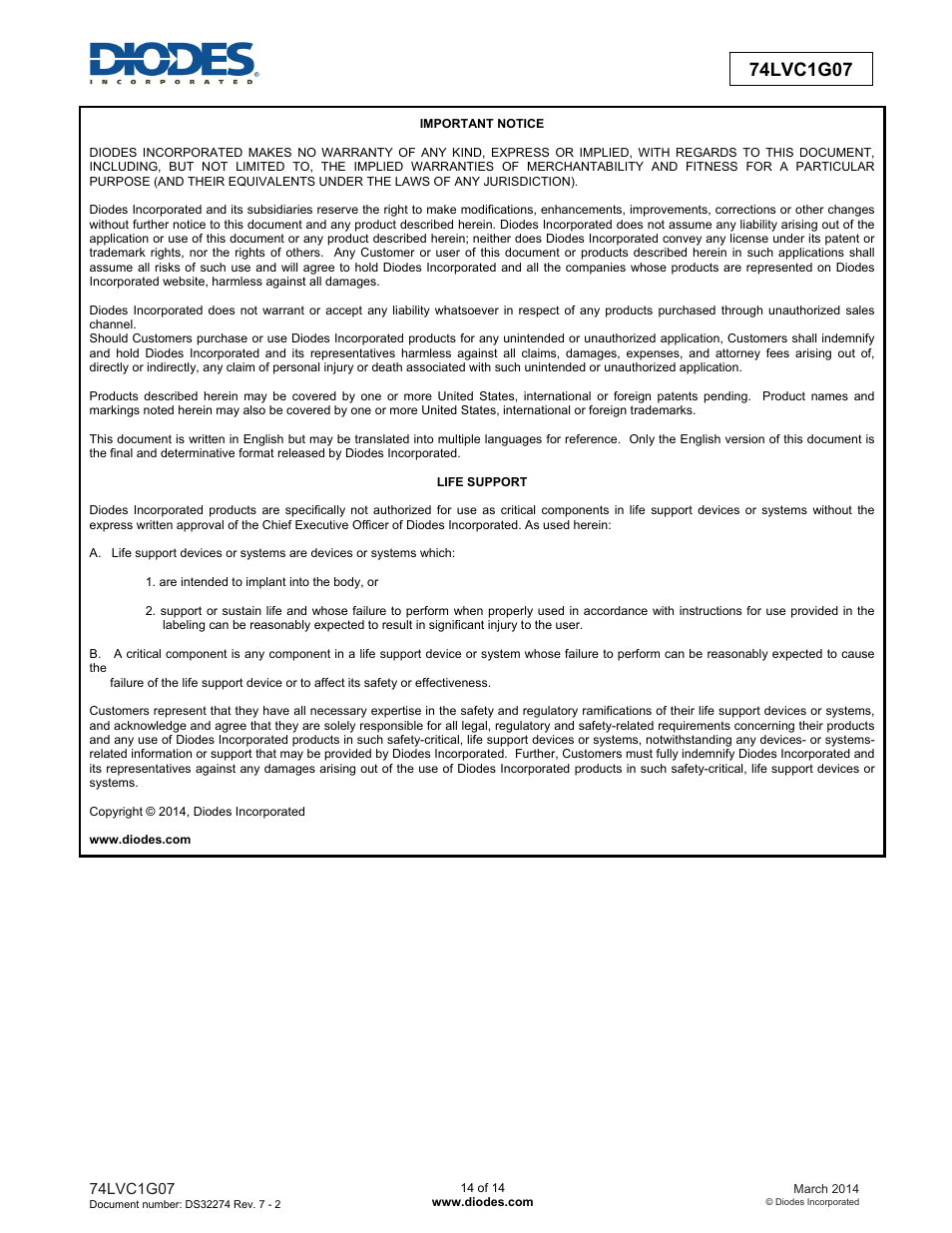 Diodes 74LVC1G07 User Manual | Page 14 / 14